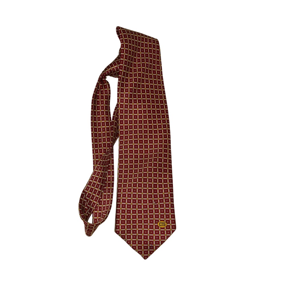 Gucci Mens Silk Tie Red Geometric Square Pattern Interlocking G Logo Italy